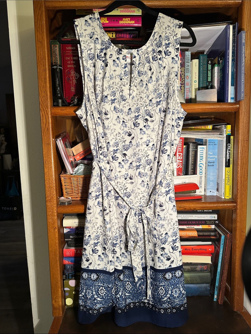 Sleeveless White Dress with Blue Floral Print